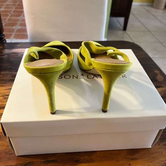 Gibson & Latimer backless heels, suede, kiwi green, wore once, 3.5” heel. - Picture 2 of 4